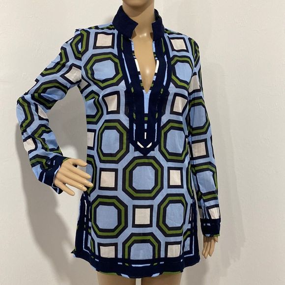 Tory Burch long sleeve notch neck printed tunic top, size XS. - Picture 1 of 9